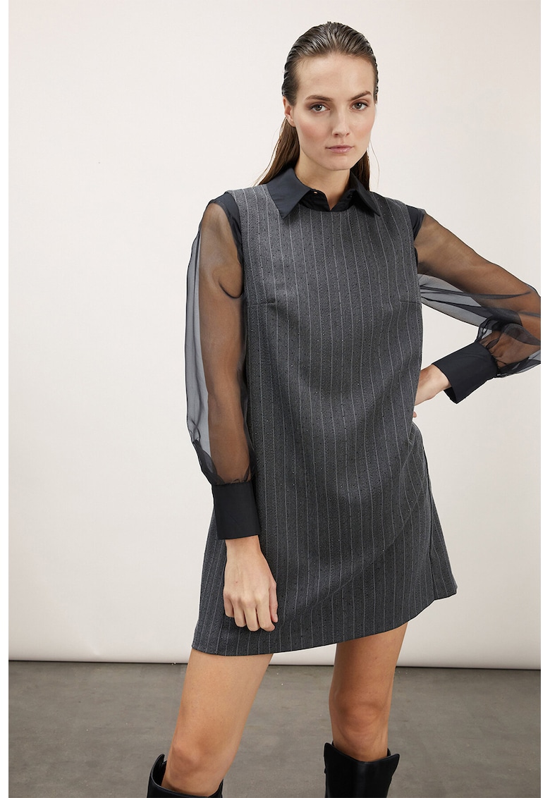 Rochie dreapta cu model in dungi si buzunare laterale - Gri