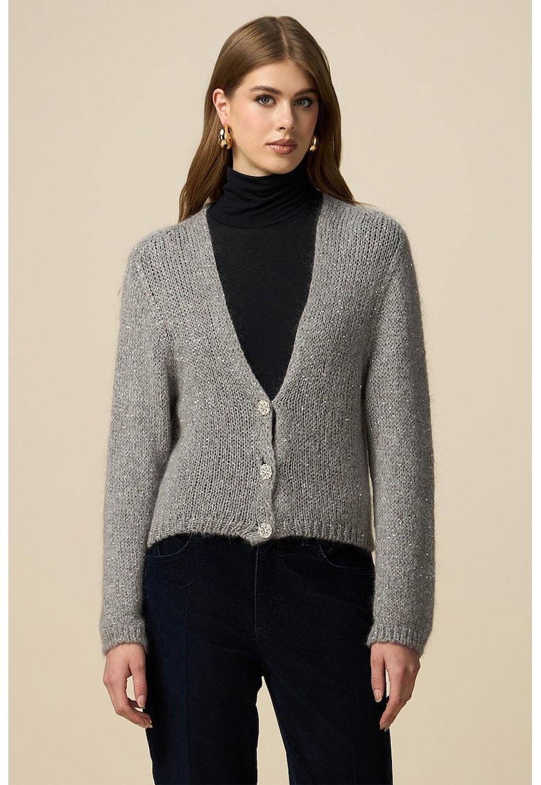 Cardigan cu aspect stralucitor si nasturi - Gri