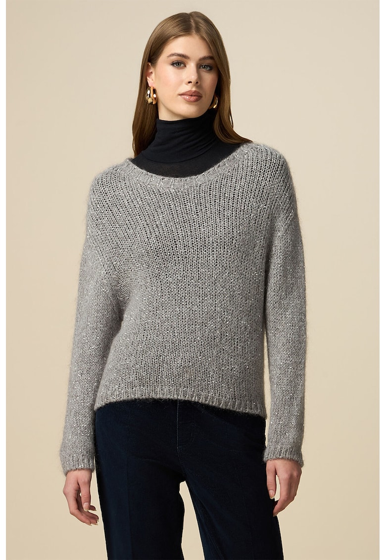 Pulover cu aspect stralucitor si decolteu rotund - Gri