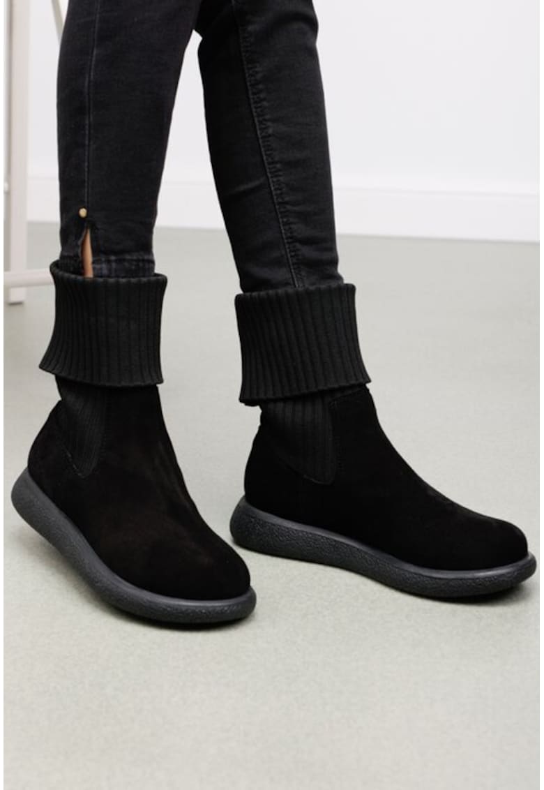 Ghete dama negre din piele intoarsa si material textil - Negru