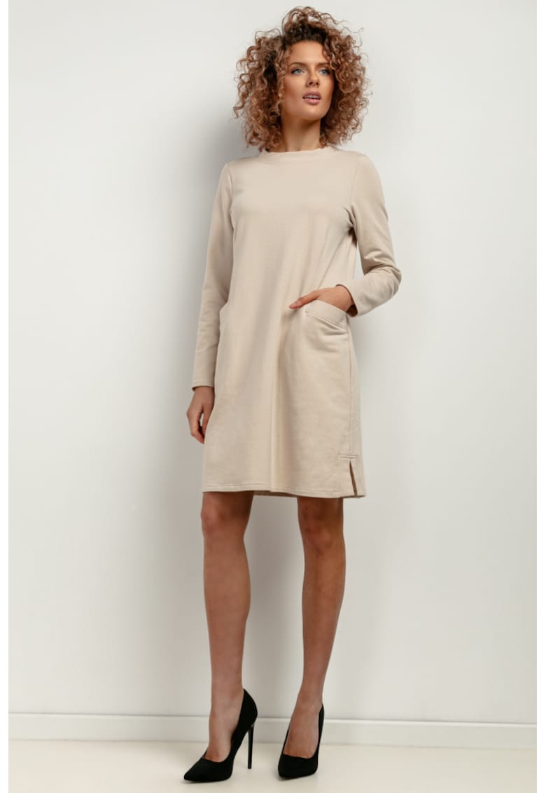 Rochie sport cu maneci lungi si buzunare T412 bej deschis