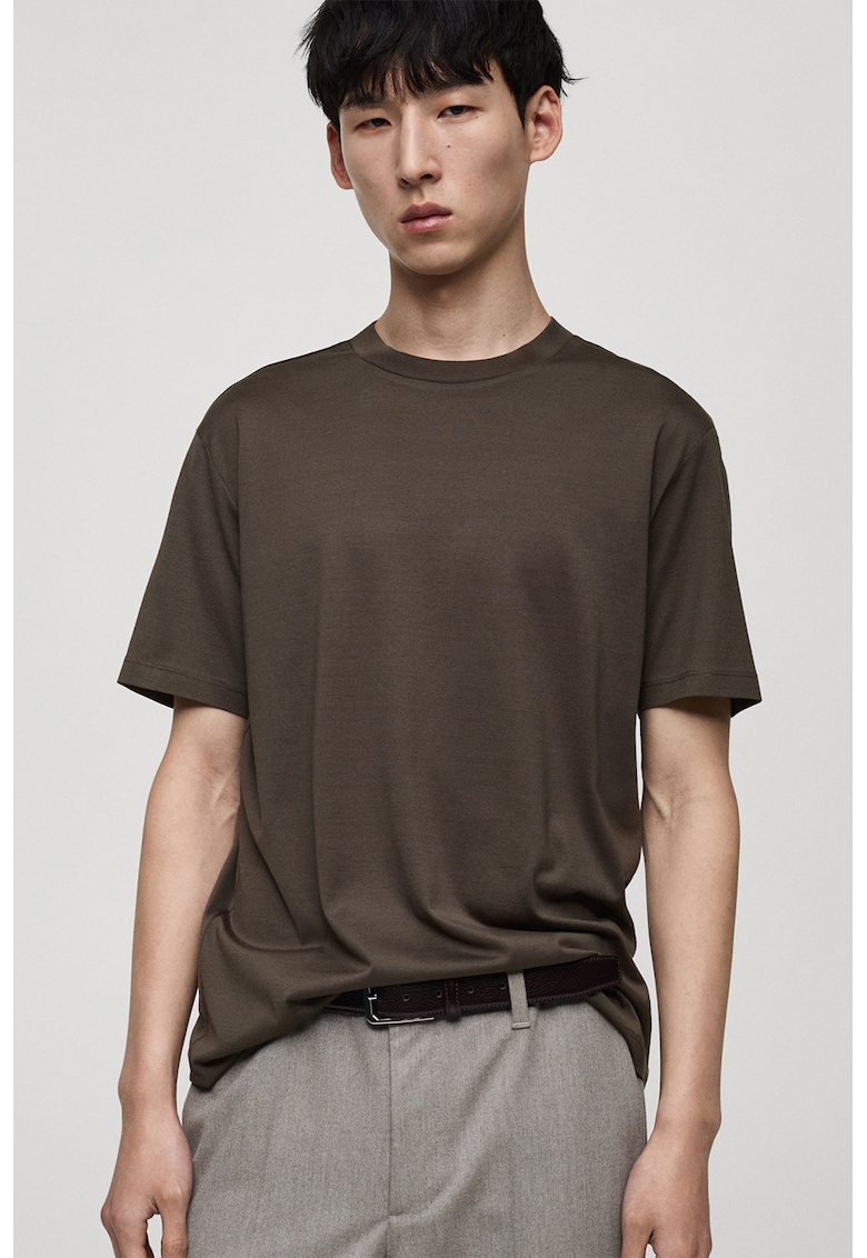 Tricou de bumbac cu decolteu la baza gatului - Kaki