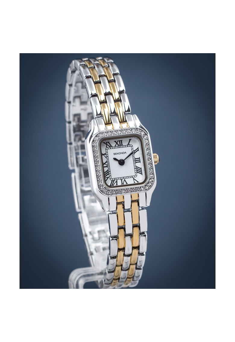 Ceas Dama Monica 40640 - Argintiu si Auriu - Bratara Metalica - Cadran Alb - Rezistent la Apa 30m