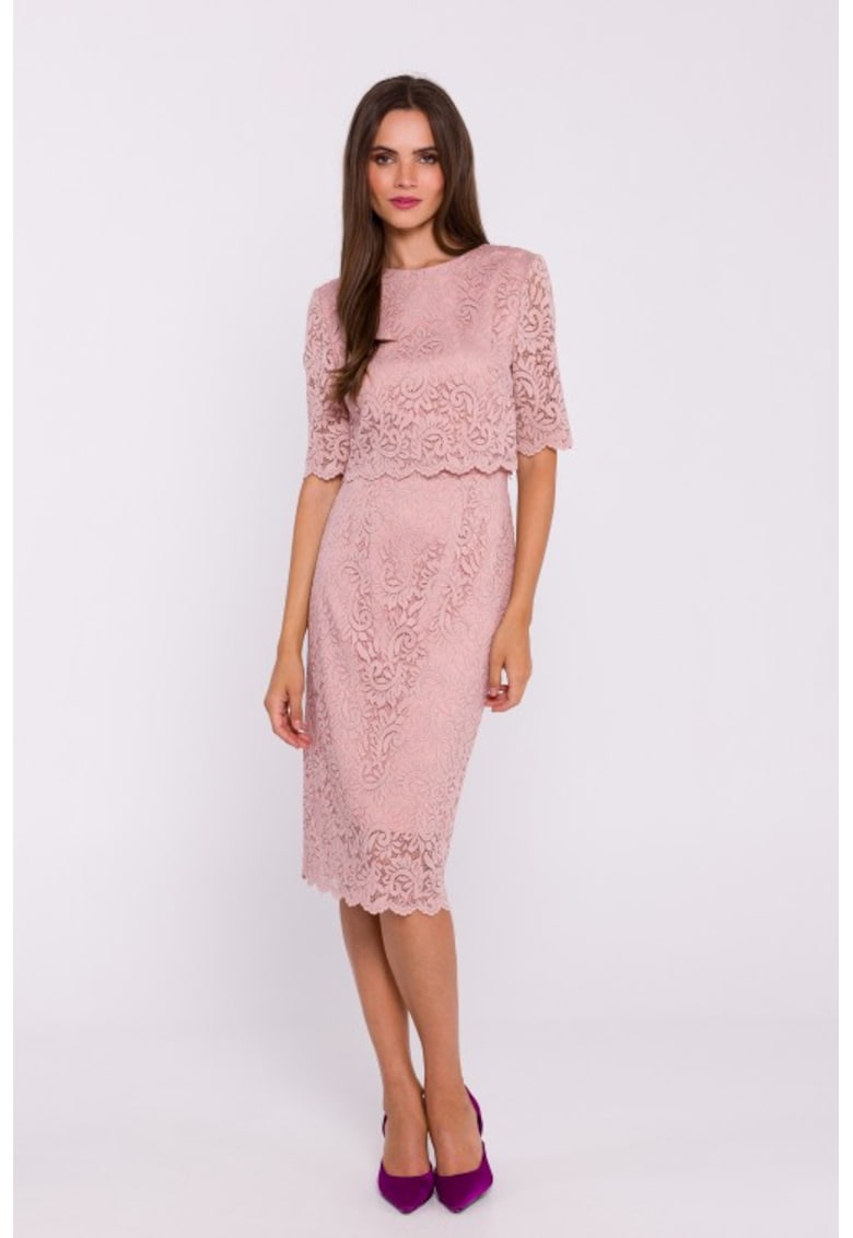 Rochie dantelata cu partea de sus dubla - Roz pudrat