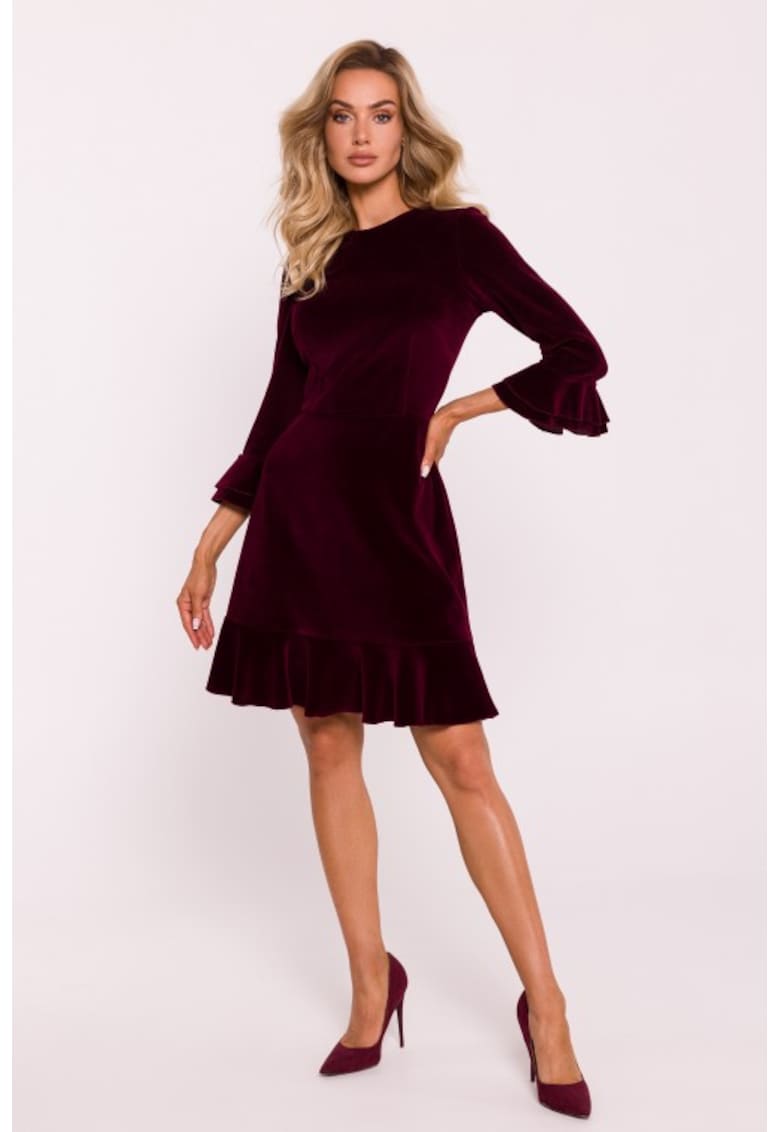 Rochie din velur cu volane Visiniu