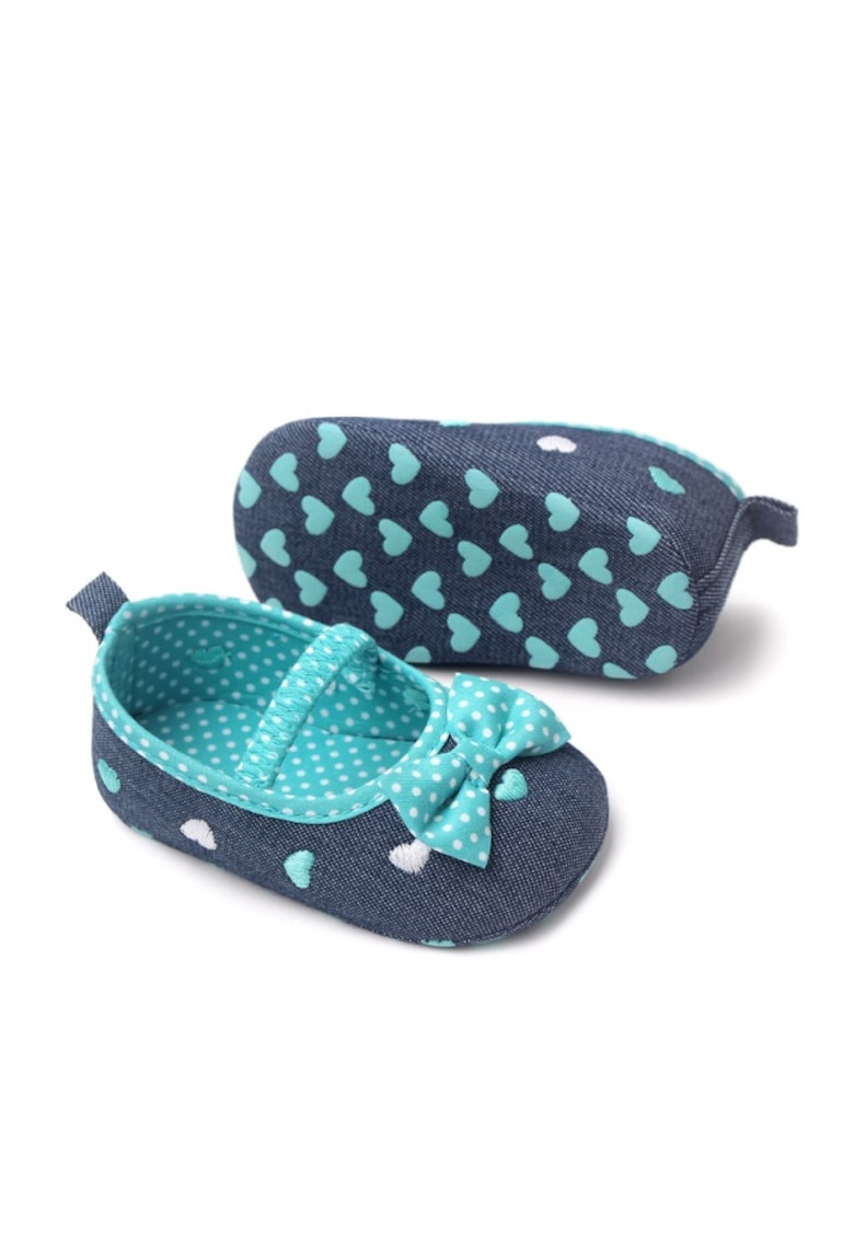 Balerini Tip Denim - Cu Inimioare Brodate - Casual - Textil - Fete - Banda elastica - Albastru