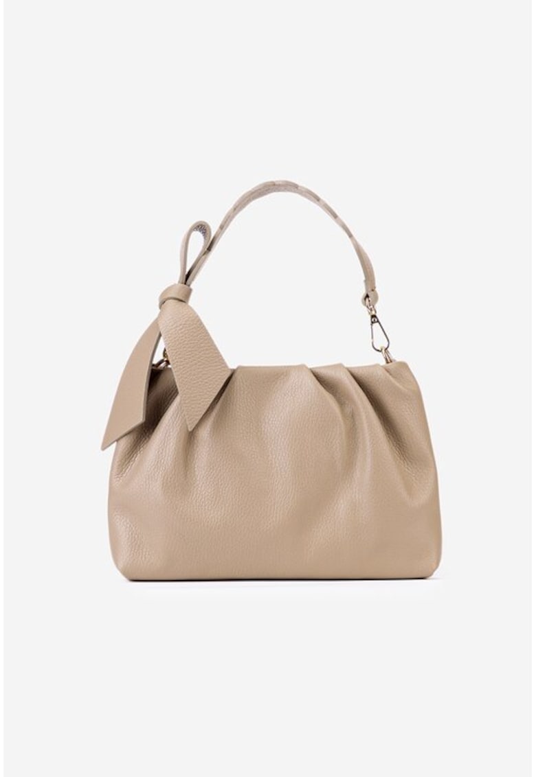 Poseta taupe din piele texturata cu ornament funda