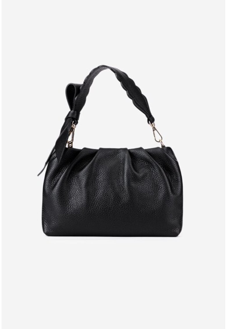 Poseta neagra din piele texturata cu ornament funda