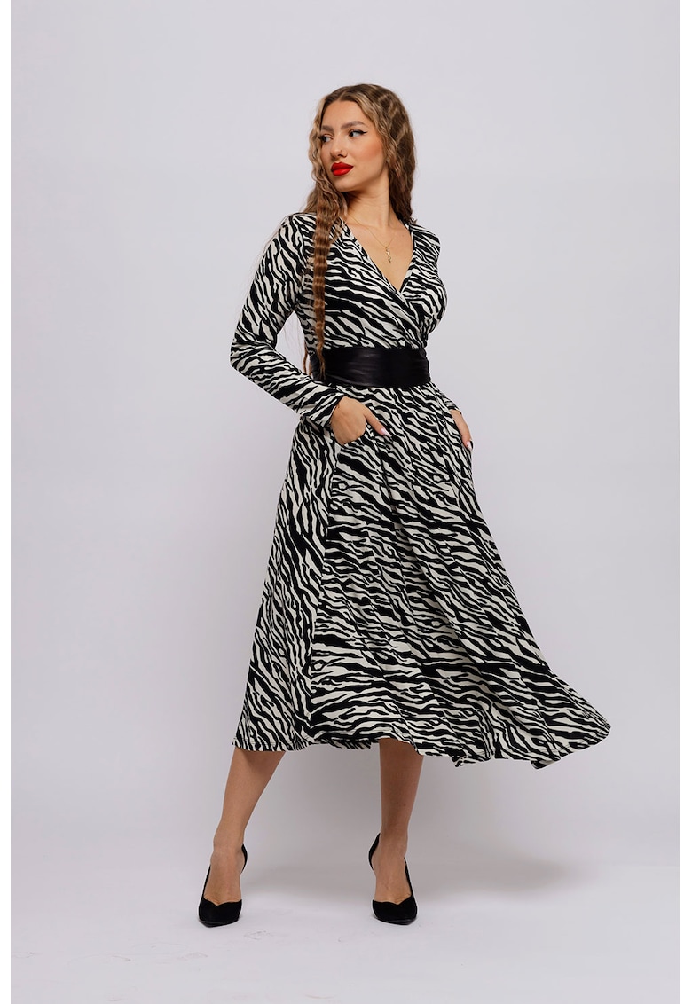 Rochie maxi evazata - Alb fildes/Negru