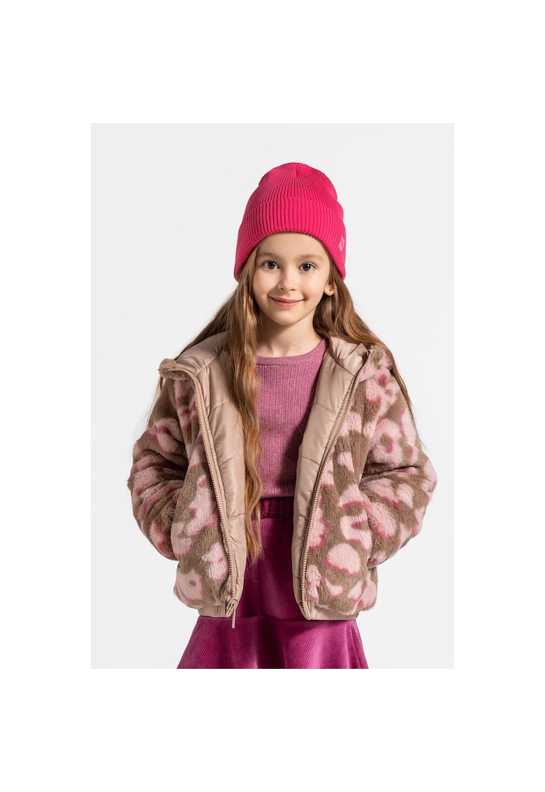 Geaca reversibila fete cu gluga - motiv floral - poliester - maro/roz