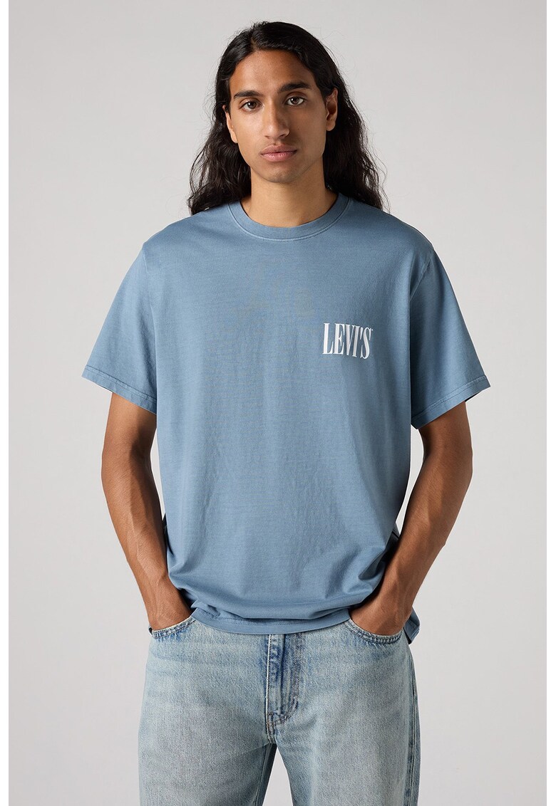 Tricou lejer de bumbac - Alb/Albastru azur