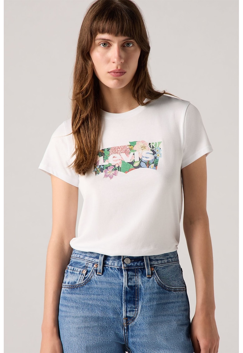 Tricou de bumbac cu decolteu la baza gatului - Verde pal/Alb murdar