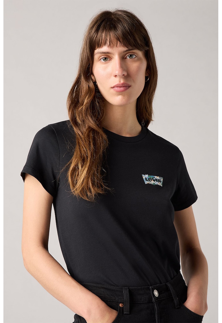 Tricou de bumbac cu decolteu la baza gatului - Gri inchis melange