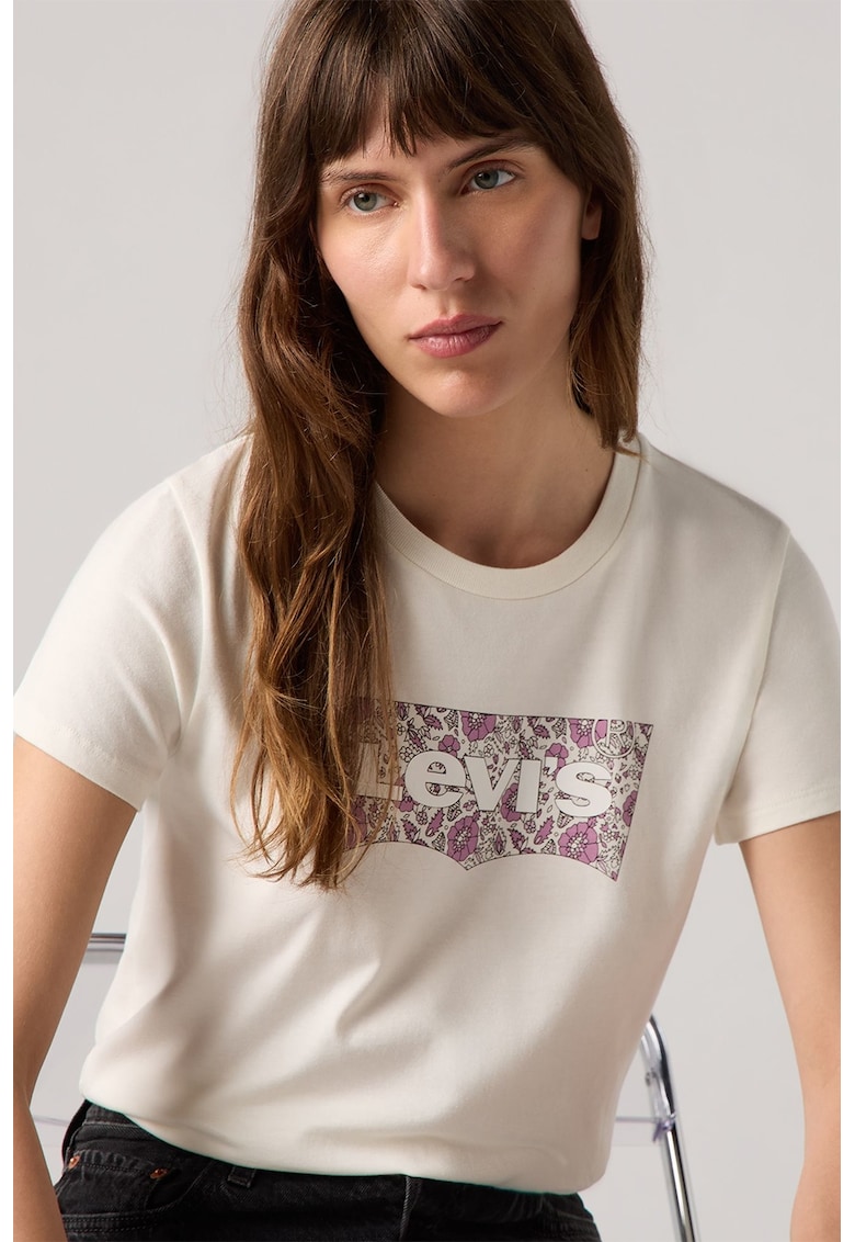 Tricou de bumbac cu decolteu la baza gatului - Violet/Crem