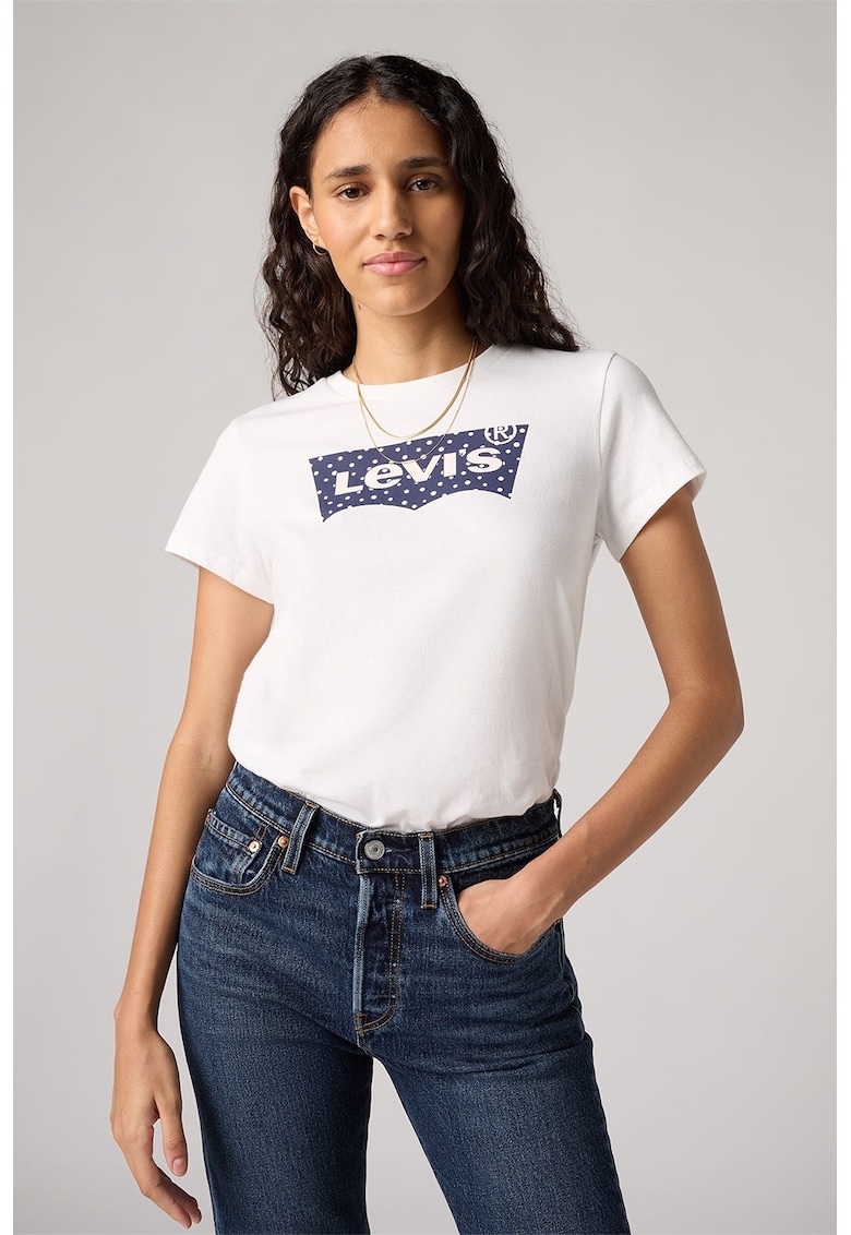 Tricou de bumbac cu decolteu la baza gatului - Alb/Bleumarin