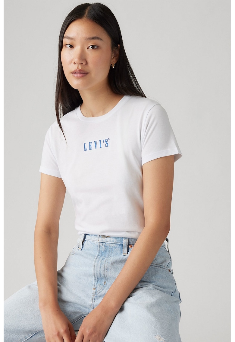 Tricou de bumbac cu decolteu la baza gatului - Alb/Turcoaz