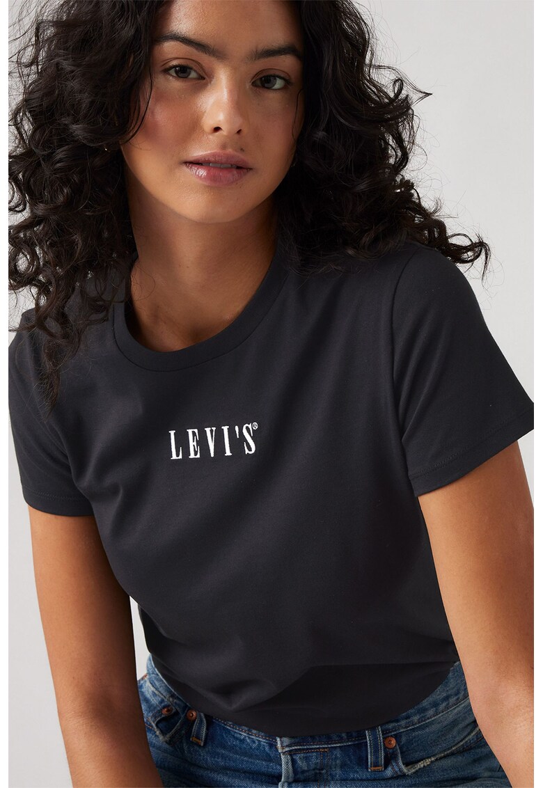 Tricou de bumbac cu decolteu la baza gatului - Negru stins/Alb murdar