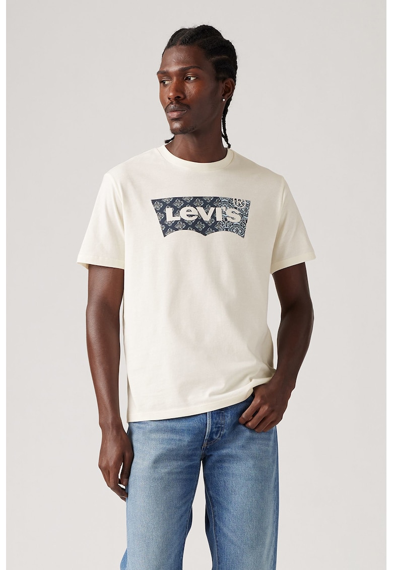 Tricou din bumbac cu decolteu la baza gatului si logo - Albastru inchis/Crem