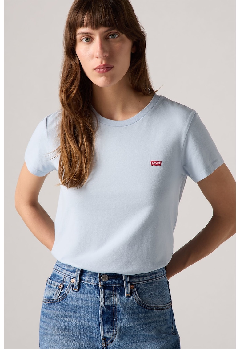 Tricou din bumbac cu decolteu la baza gatului - Albastru glaciar