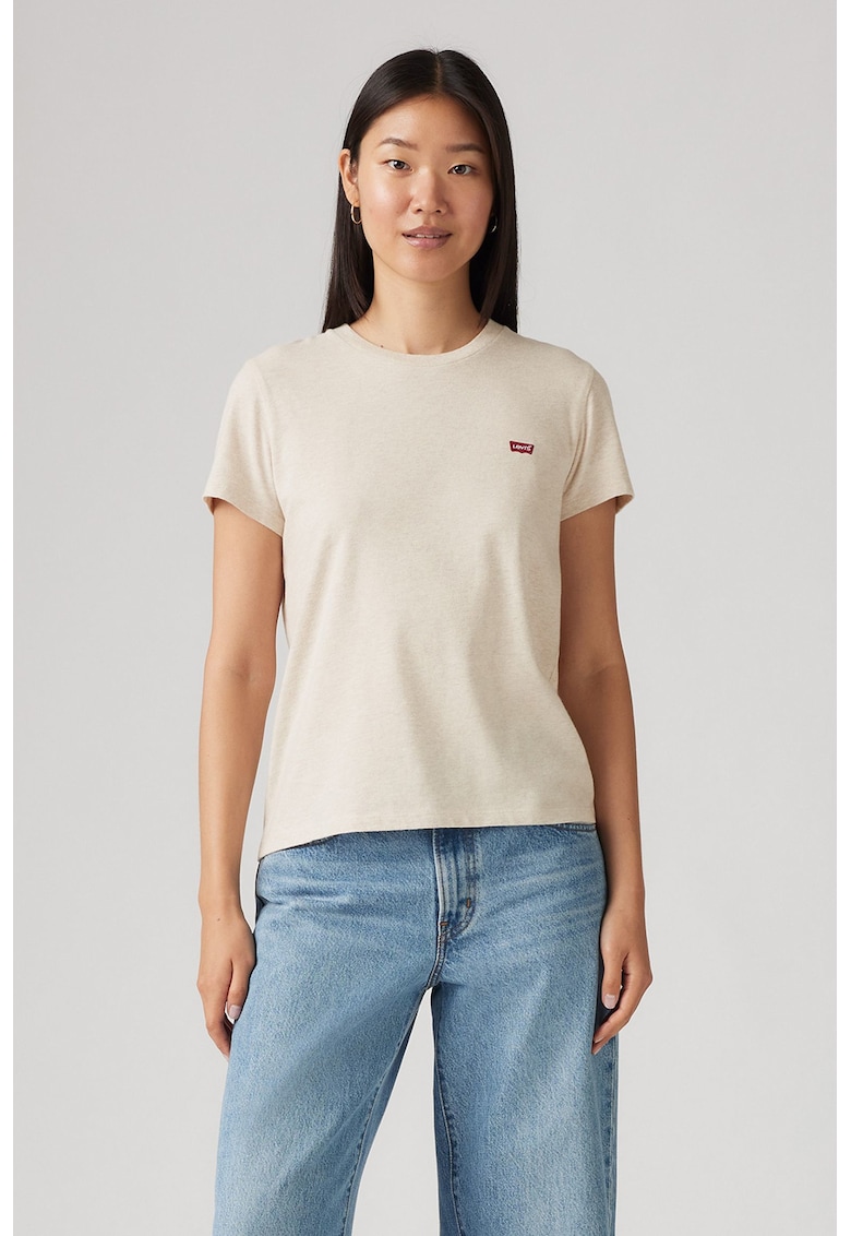 Tricou din bumbac cu decolteu la baza gatului - Alb fildes