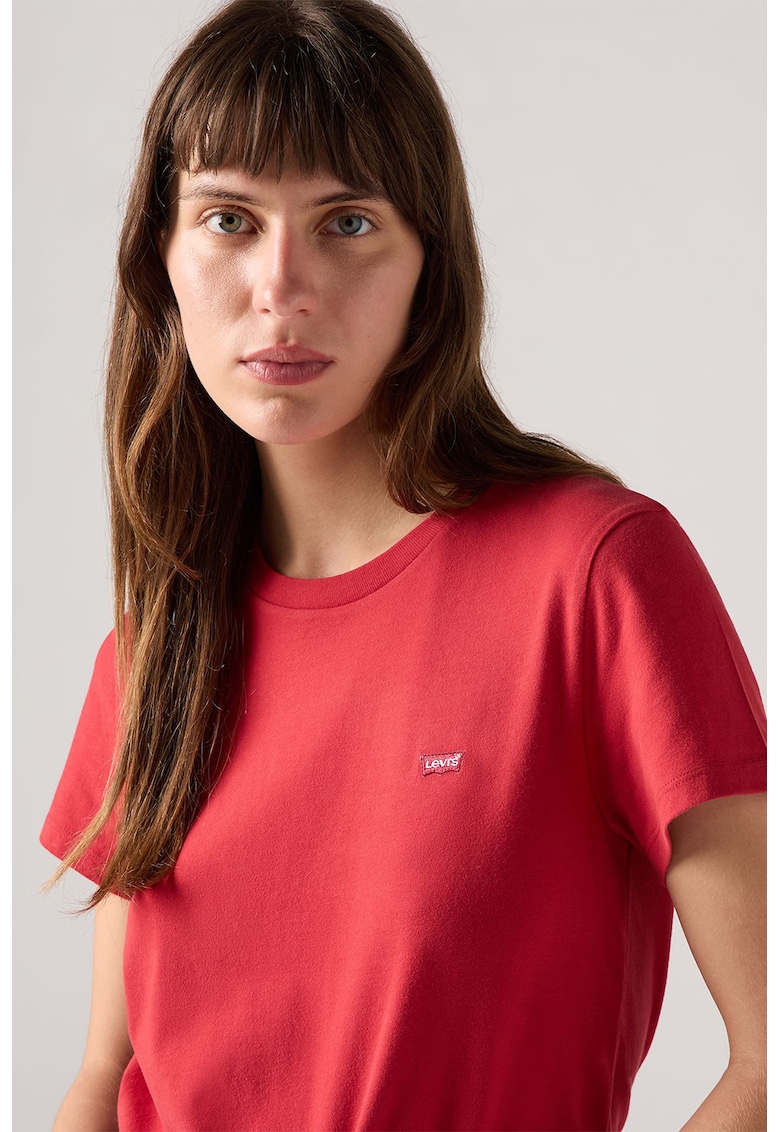 Tricou din bumbac cu decolteu la baza gatului - Rosu capsuna