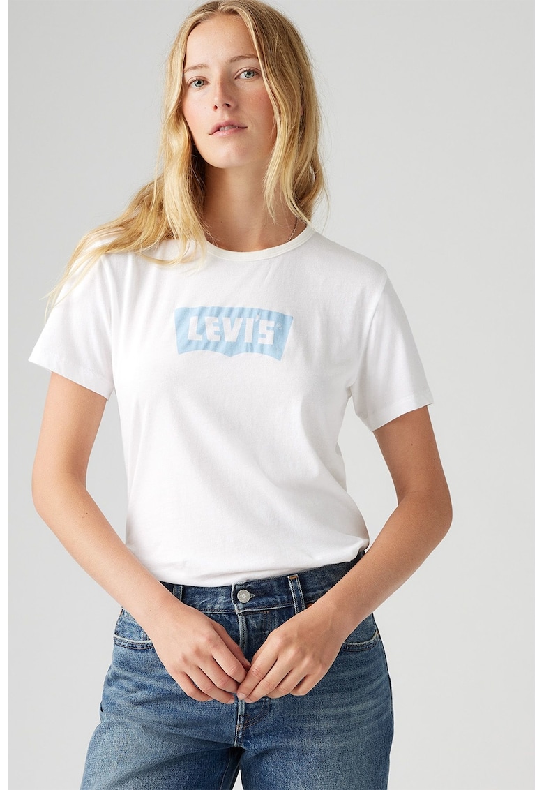 Tricou cu decolteu rotund si imprimeu logo - Albastru pastel/Alb optic