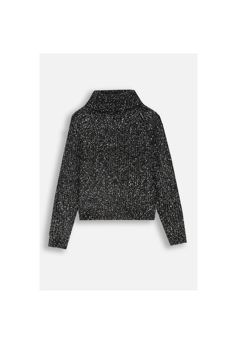 Pulover tricotat pentru fete - guler inalt - maneci bufante - negru - poliester