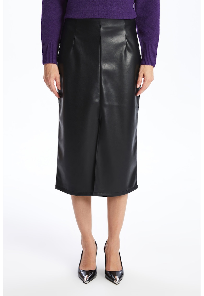 Fusta midi dreapta de piele sintetica