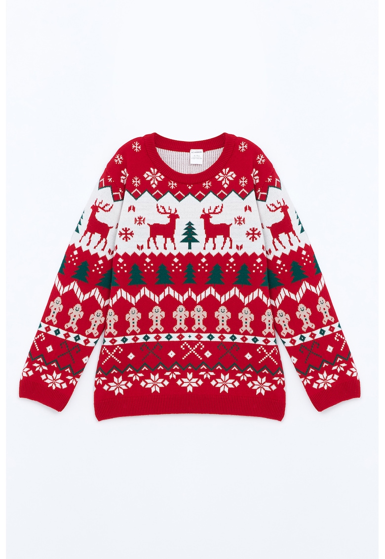 Pulover cu model de Craciun - Rosu/Alb