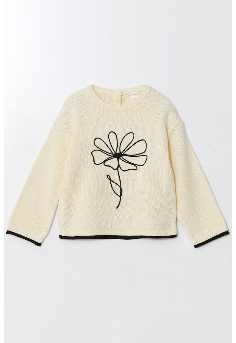 Pulover tricotat cu broderie florala - Crem