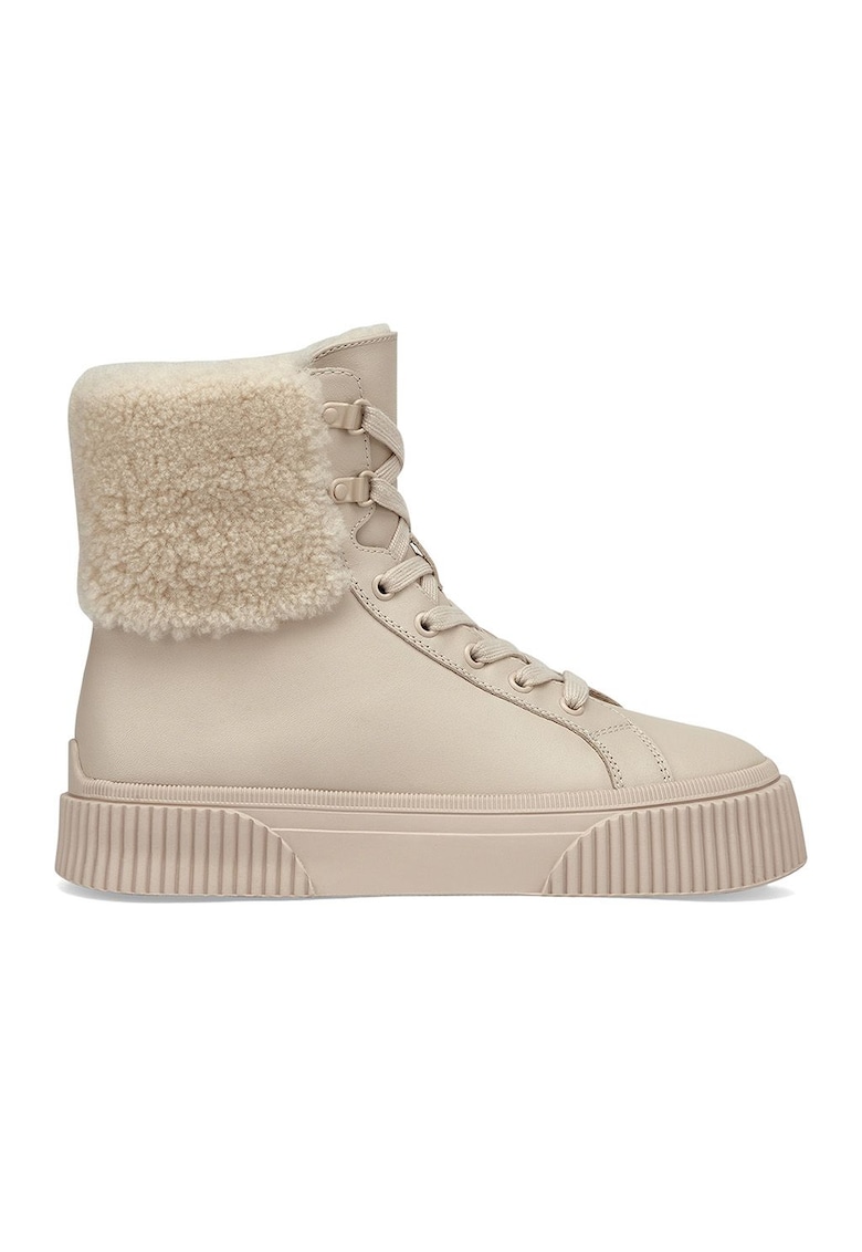 Pantofi sport mid-high de piele cu garnituri cu blana - Alb fildes