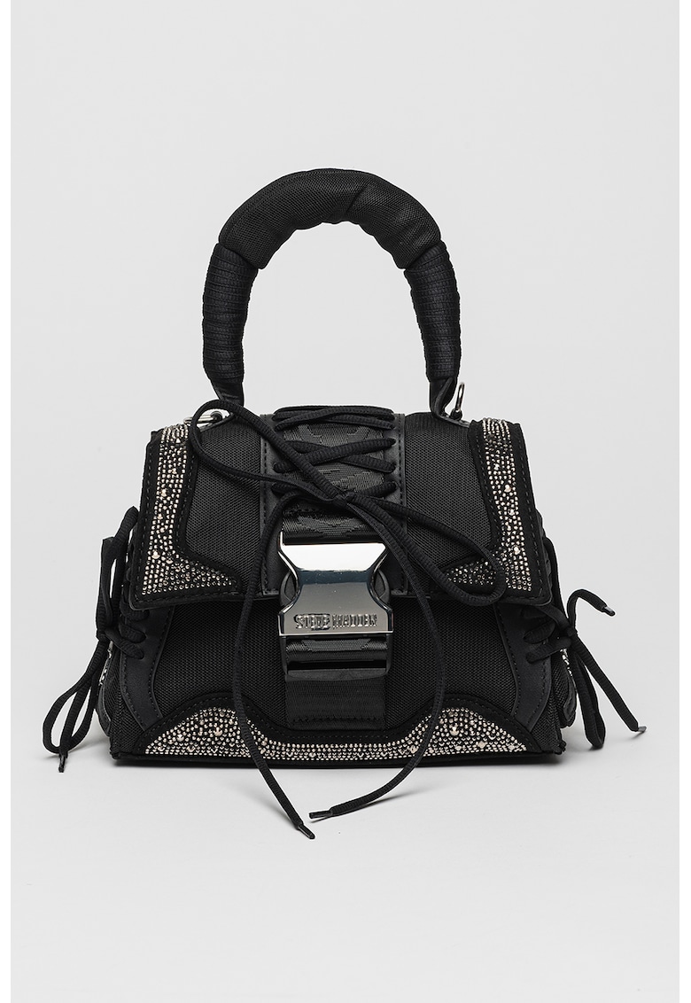 Geanta din piele ecologica cu bareta de umar si logo Diego - Negru/Argintiu