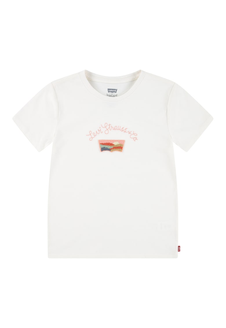 Tricou din amestec de bumbac cu decolteu la baza gatului - Piersica/Alb optic