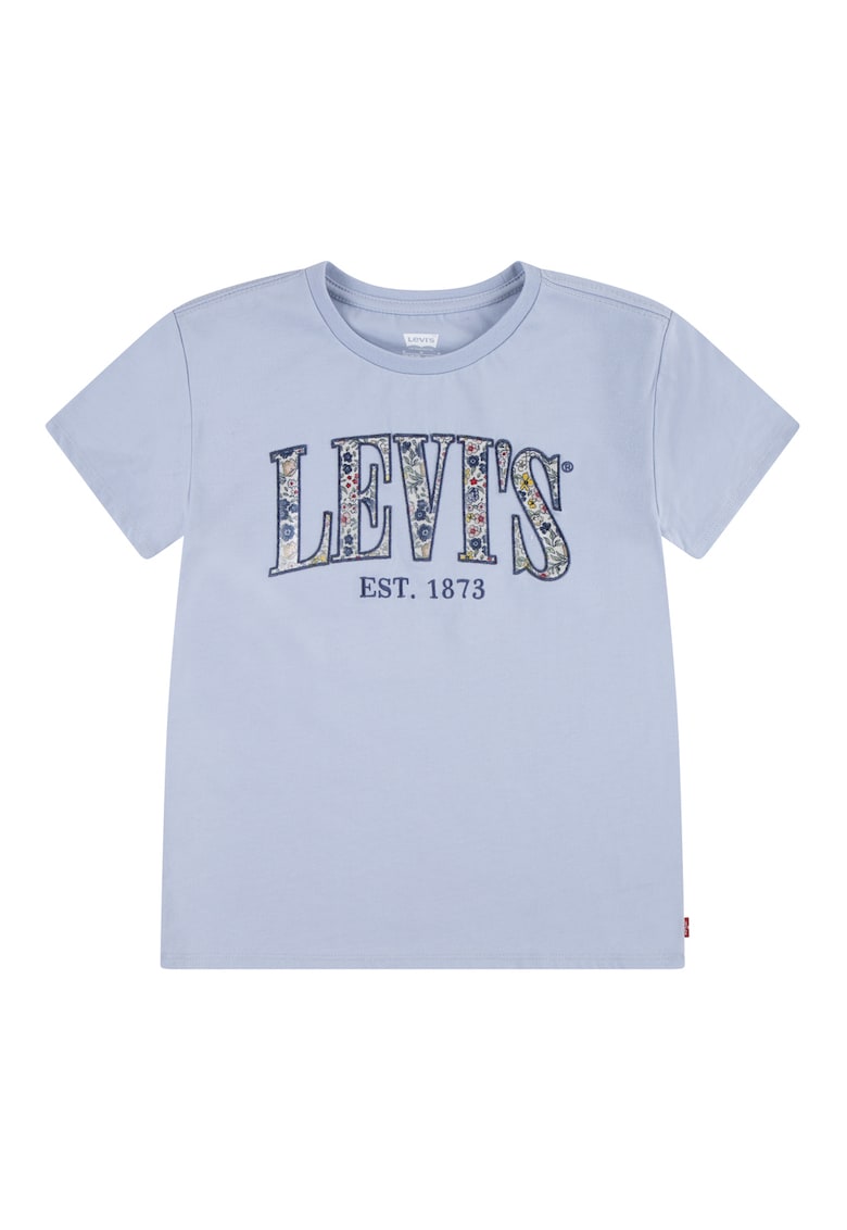 Tricou cu decolteu la baza gatului cu imprimeu logo - Albastru prafuit