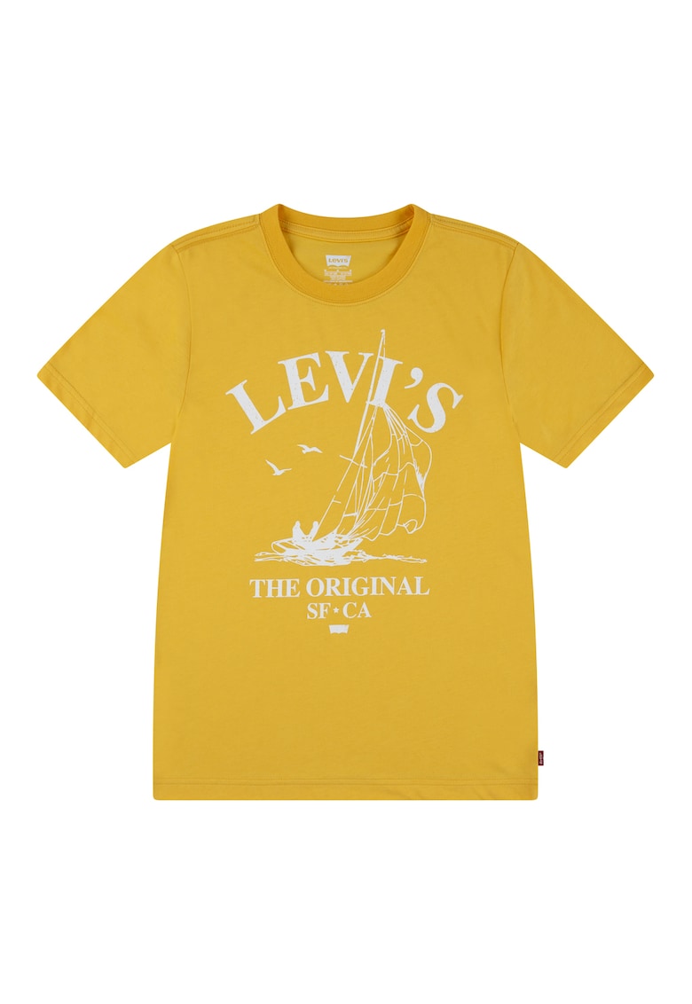 Tricou cu decolteu la baza gatului si imprimeu logo - Alb/Galben pai