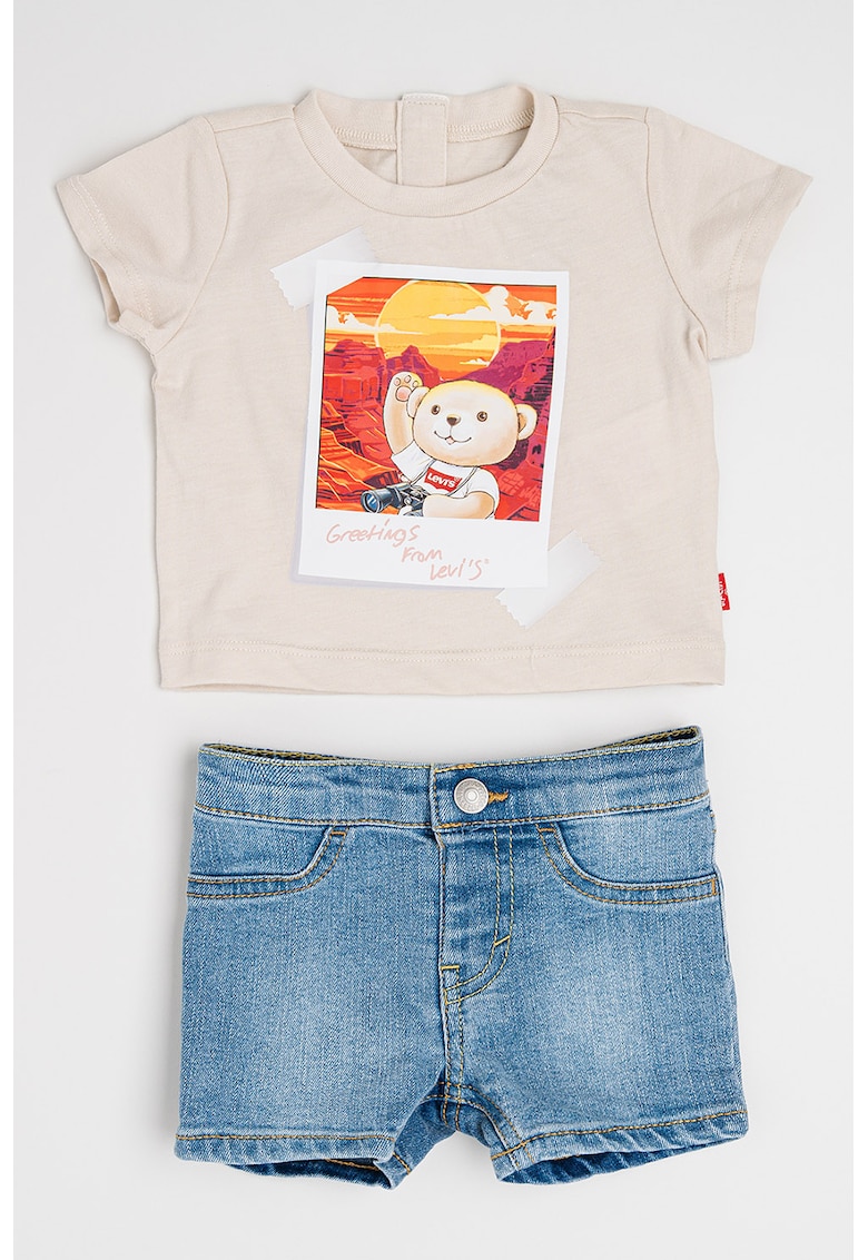 Set de tricou cu imprimeu si blugi scurti - 2 Piese