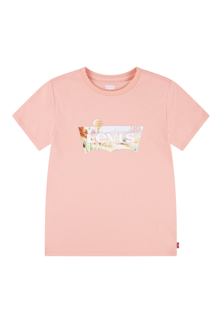 Tricou cu decolteu la baza gatului cu imprimeu logo - Roz somon/Alb murdar