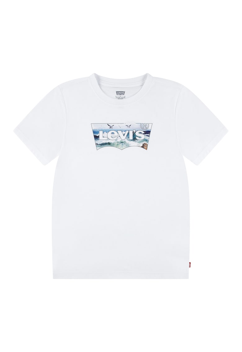 Tricou cu decolteu la baza gatului si imprimeu logo - Verde/Alb optic/Albastru