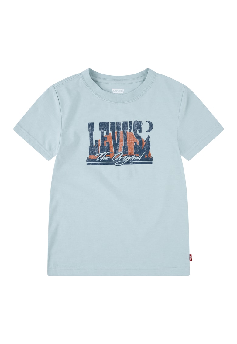 Tricou cu decolteu la baza gatului si imprimeu logo - Albastru inchis/Rosu stins/Albastru deschis