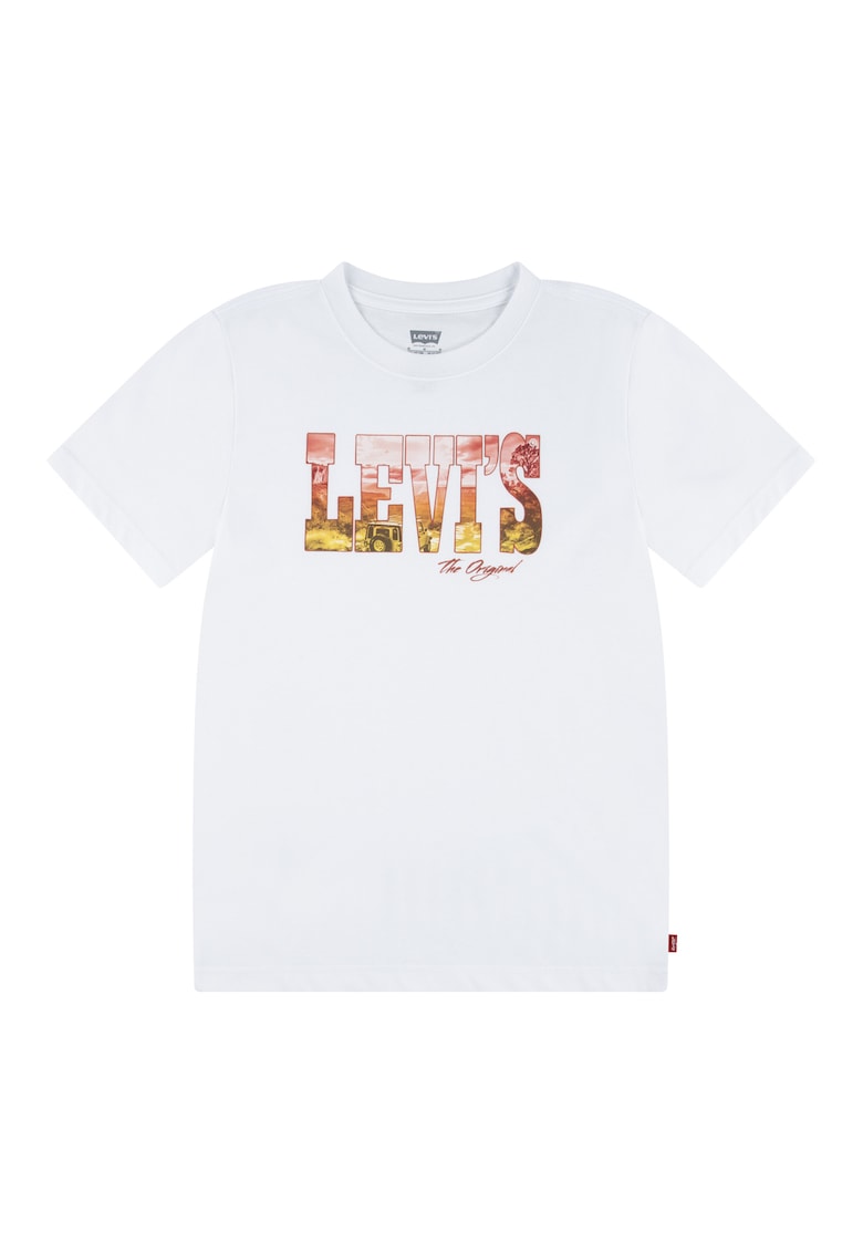 Tricou cu decolteu la baza gatului si imprimeu logo - Alb/Rosu stins/Galben mustar