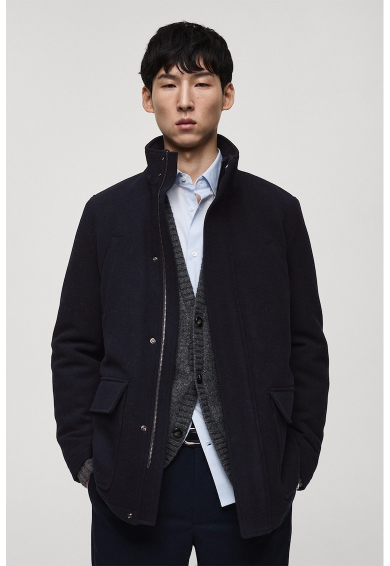 Palton din amestec de lana cu guler inalt - Albastru ultramarin