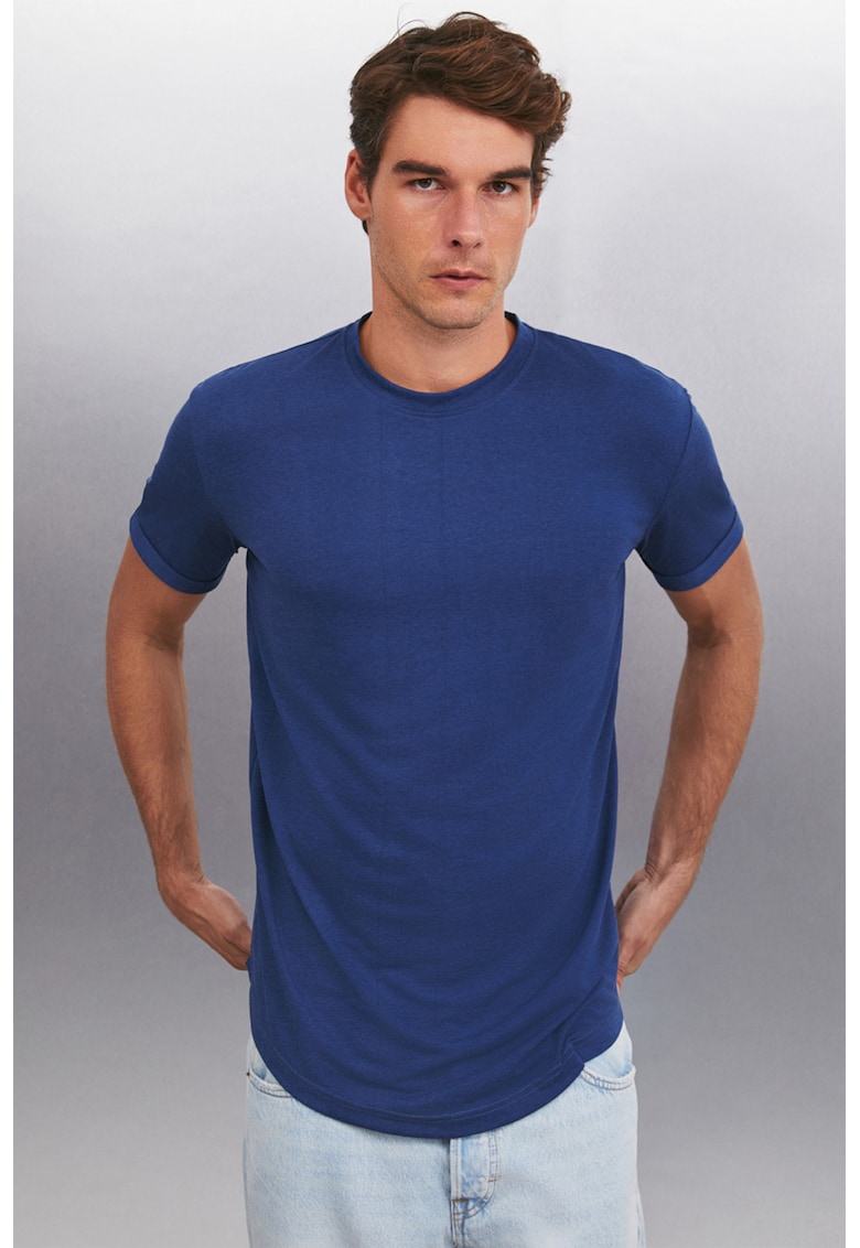 Tricou de bumbac cu decolteu la baza gatului - Albastru inchis