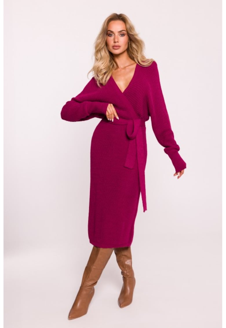 Rochie tricotata cu decolteu tip furou si curea -  Roz -