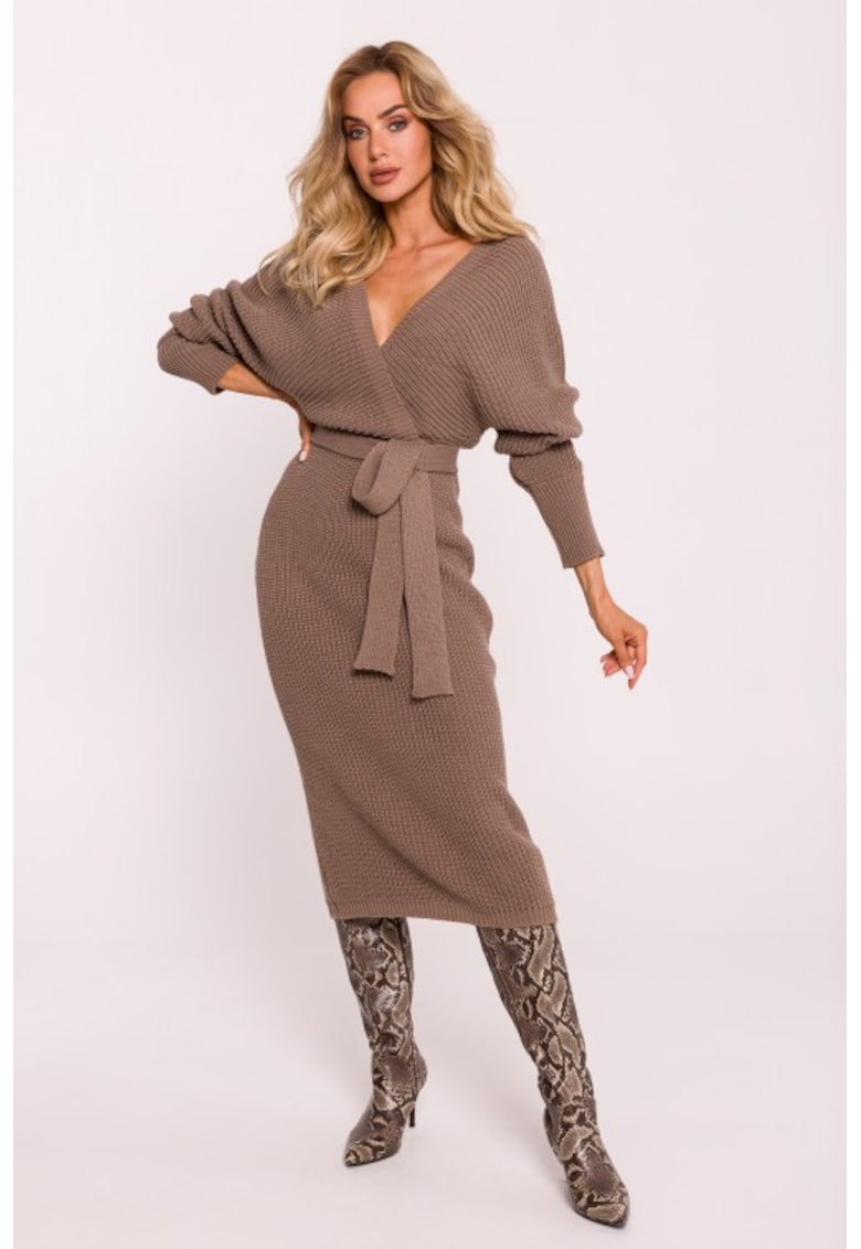 Rochie tricotata cu decolteu tip furou si curea -  Bej inchis -