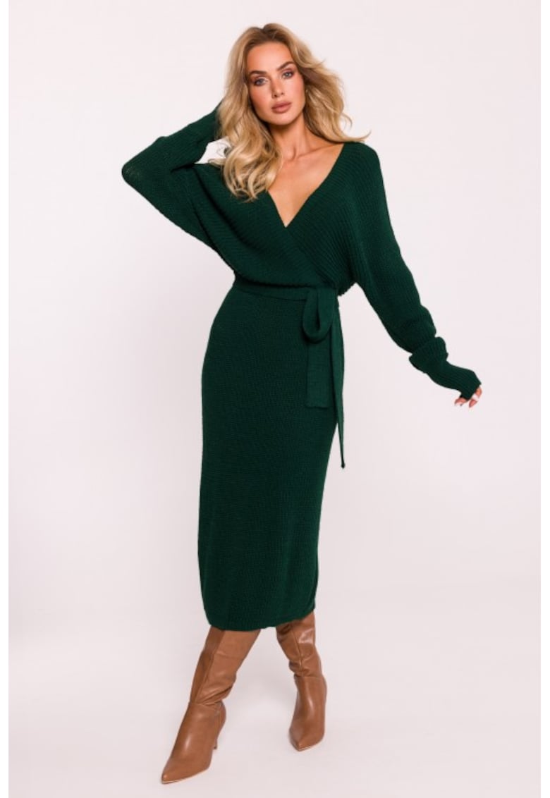 Rochie tricotata cu decolteu tip furou si curea -  Verde -