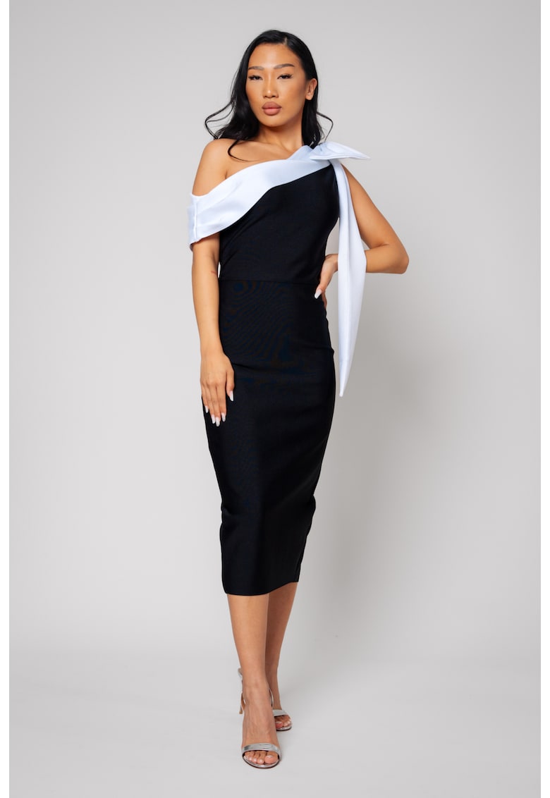 Rochie midi cambrata cu decolteu pe un umar