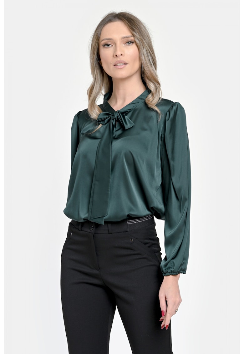 888146145-Bluza Dama din Satin - Verde inchis - Eleganta cu Funda V303