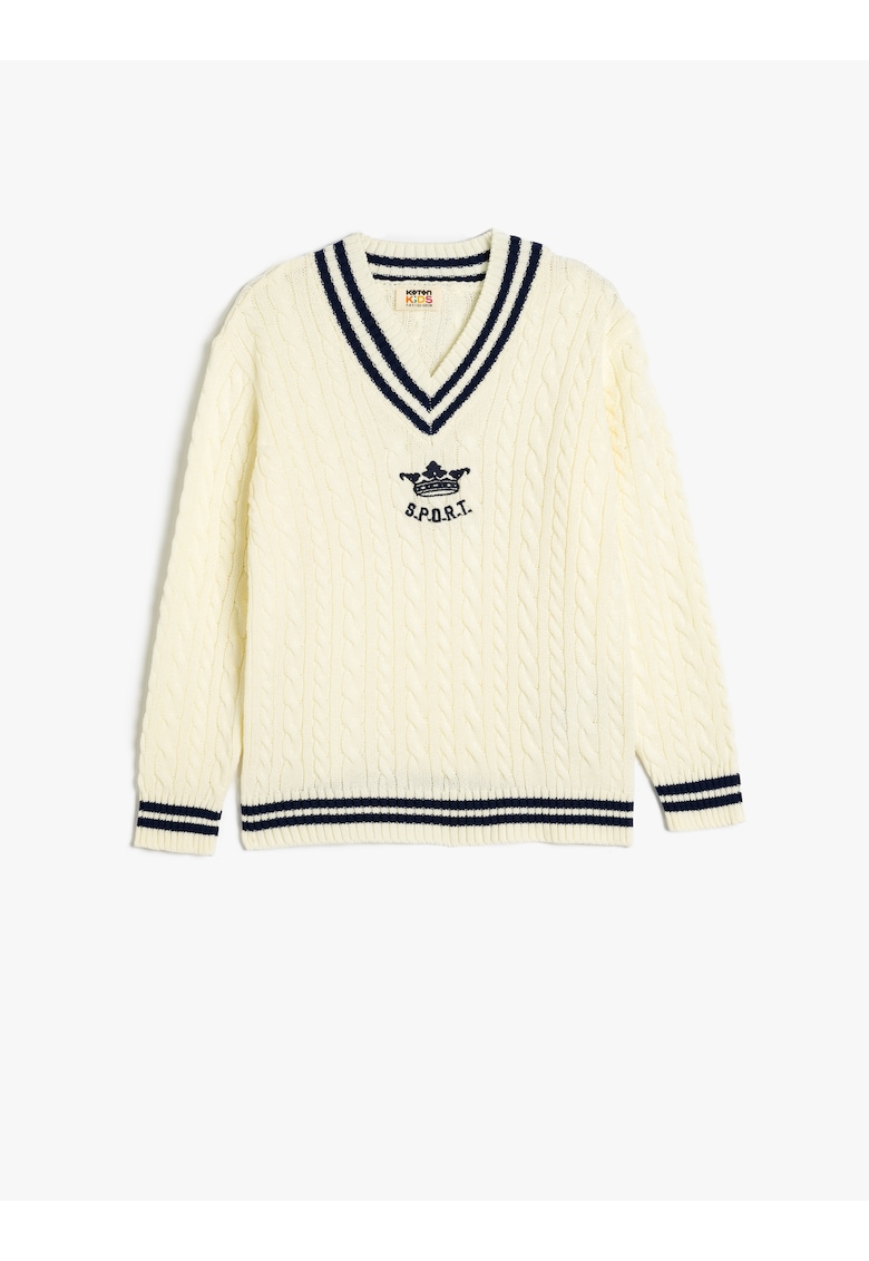 Pulover tricotat cu decolteu in V si model torsade