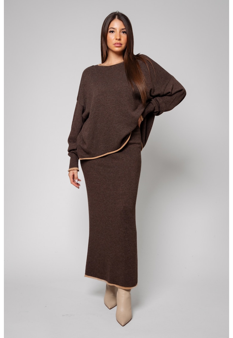 Set Sylvie cu fusta mix lana si casmir Chocolate 13842 - Maro