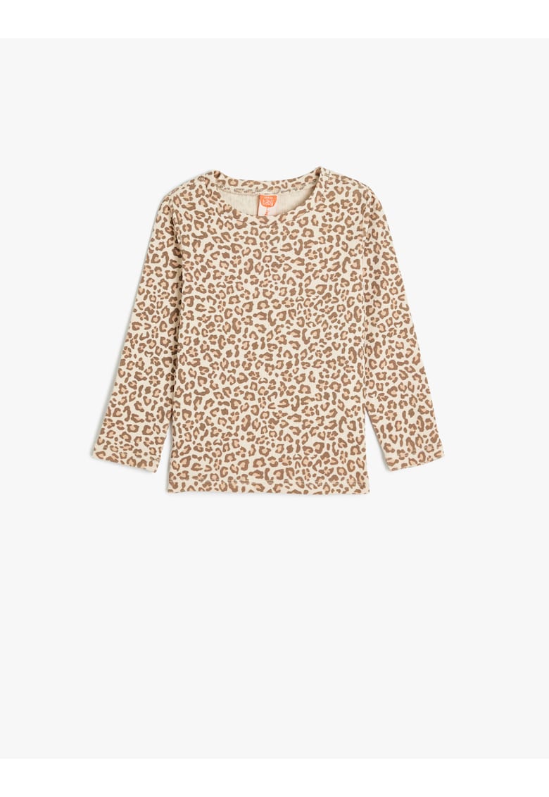 Bluza cu decolteu la baza gatului si animal print - Bej
